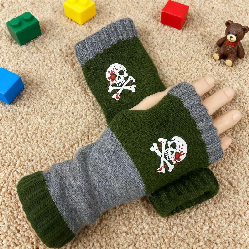 Gants en tricot sans doigts avec broderie de chat et patchwork, Gants décontractés ouverts aux doigts tendance pour femme, Mitaines chaudes d'hiver sans doigts
