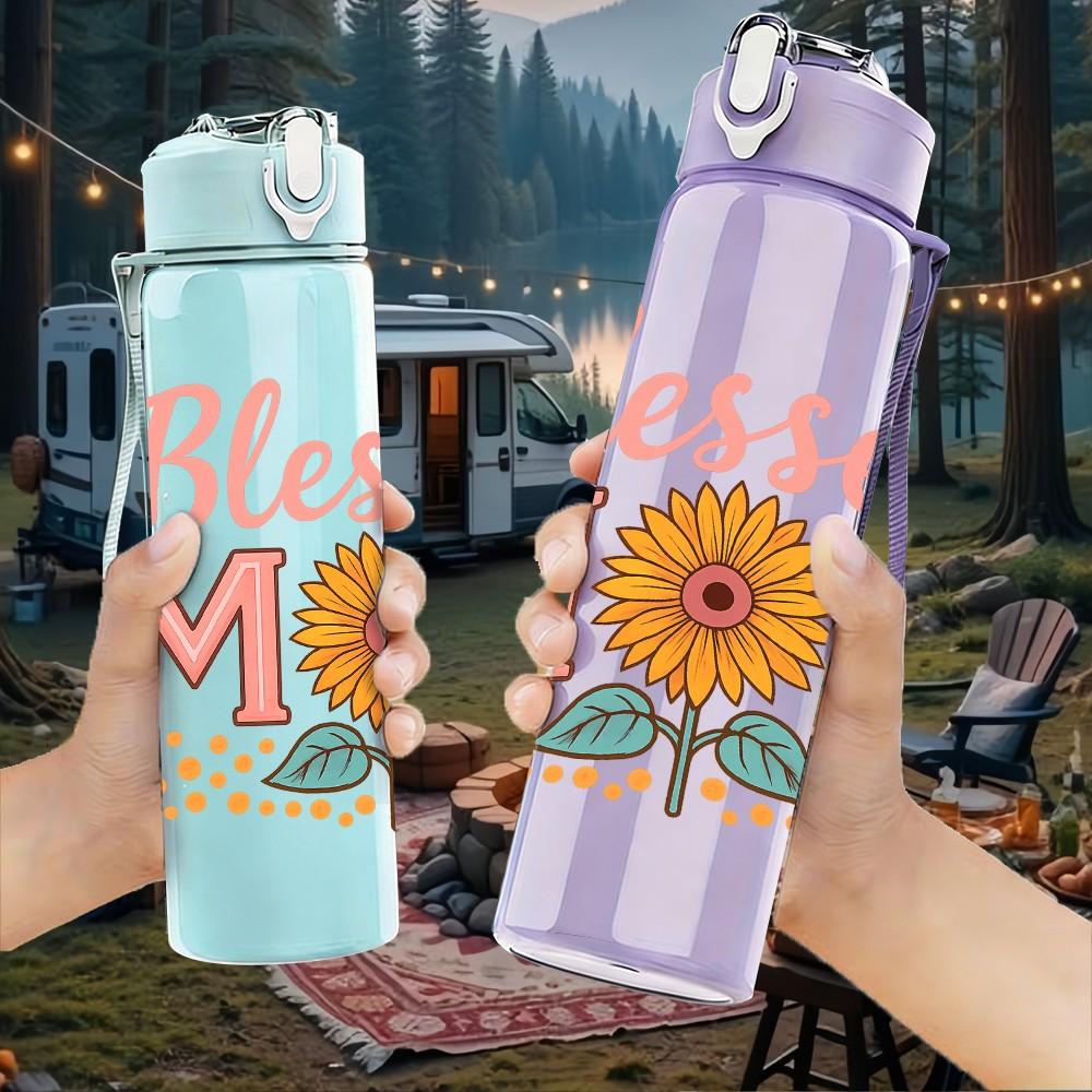 1PC Blessed Mom Sunflower Letter 750ml Color Plastic Sports Water Bottle Leakproof Flip Straw Lid For Sports Office Home Use