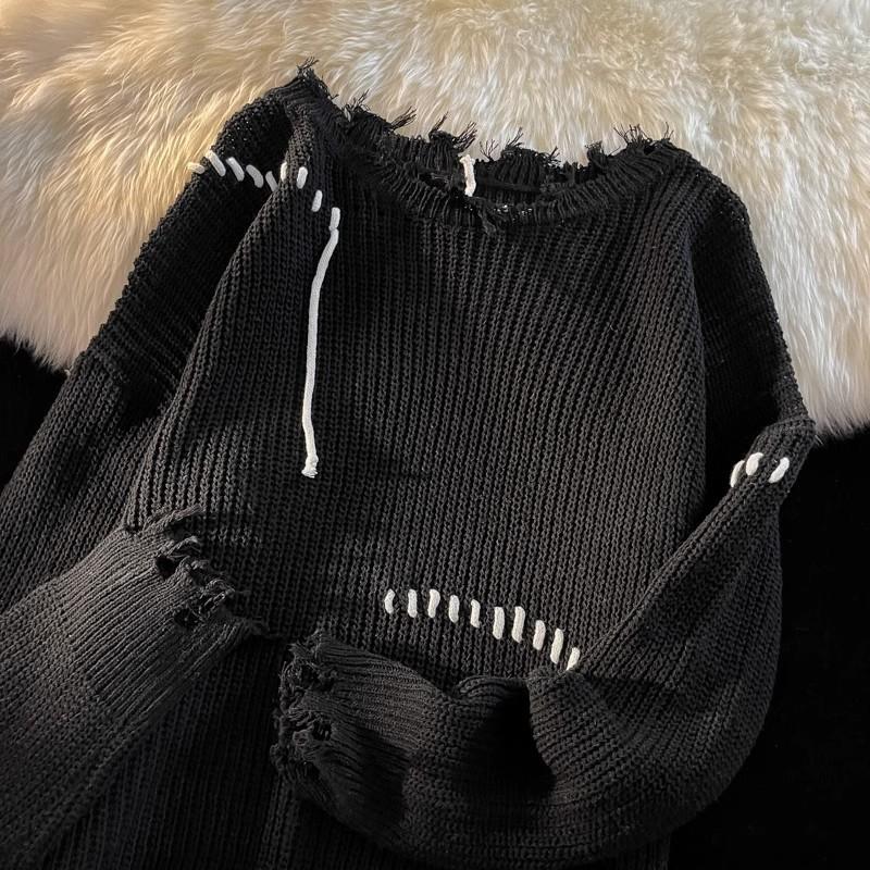 Jugendlicher Vintage Lochpullover Herbst Langärmel Stricktops Locker Gestrickter Pullover Unisex Streetwear XS schwarz