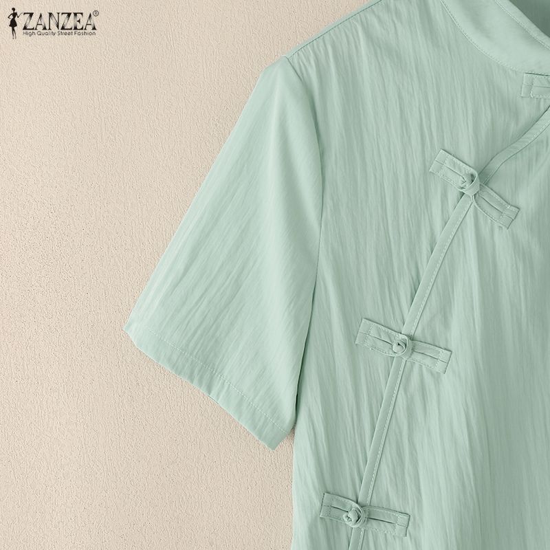 ZANZEA Women Summer Stand Collar Short Sleeve Lace Splice Casual Blouse