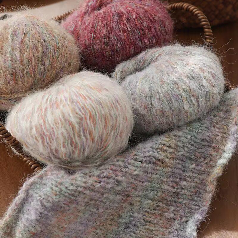 Hand-Knitted Colorful Mohair Scarf, Sweater, Hat – Seven-Color Fine Spinning Yarn