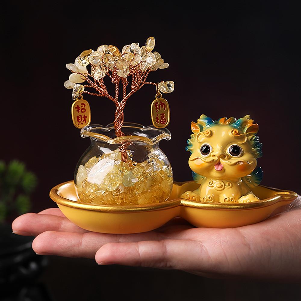 Crystall Prosperity Tree Resin Figurine With Wealth Guardian For Home Office Decor