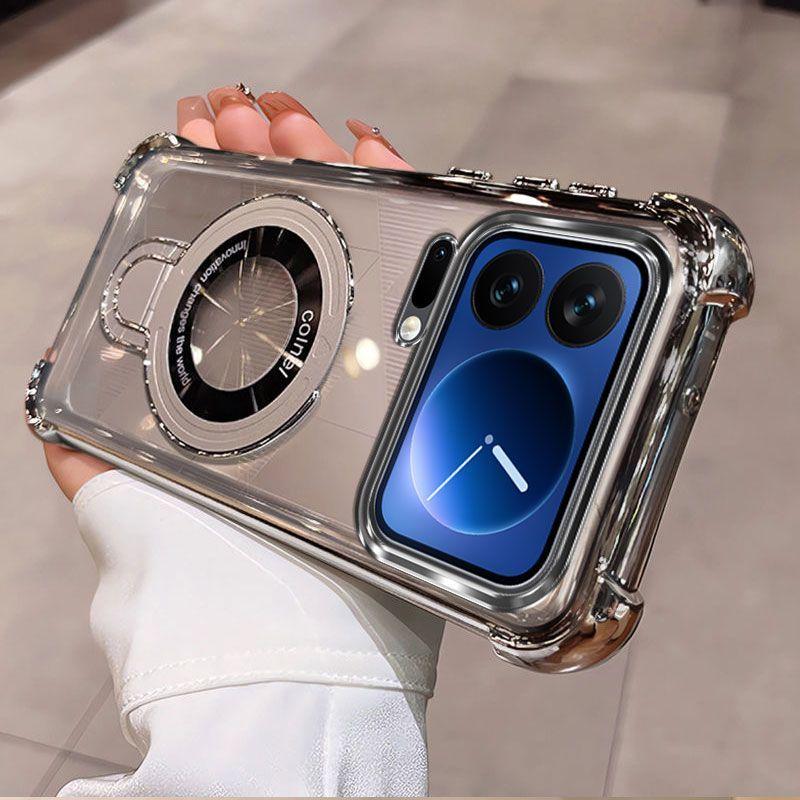 For Xiaomi 17 ProMax 15 T Pro 14T 13T PRO Transparent Plating Shockproof Magnetic Holder Case For Magsafe Gyro Stand Cover
