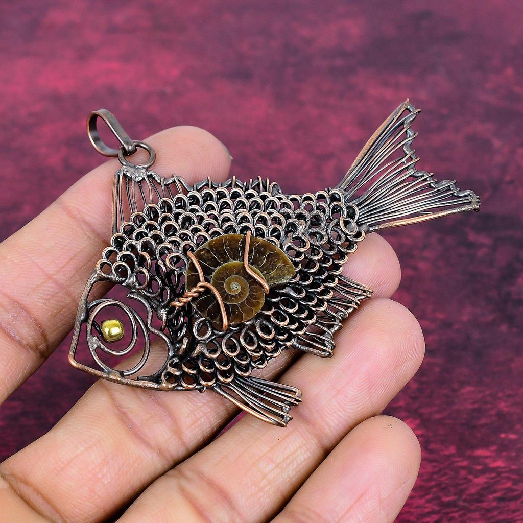 Ammonite Fossil Pendant Copper Wire Wrapped Decent Jewelry Fish Gemstone Pendant