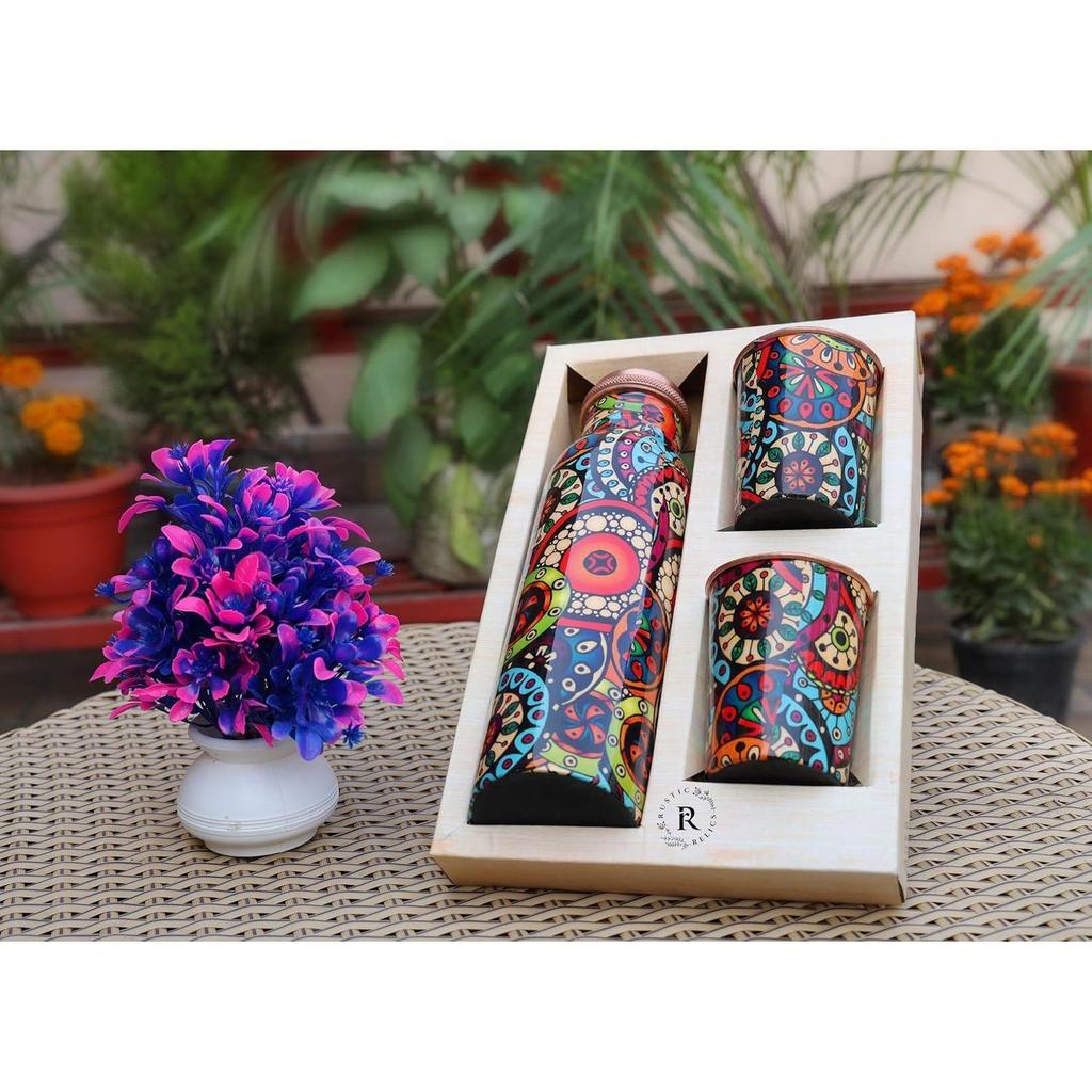 Pure Copper Water Bottle 1L With 2 Glass Set Hand Made | With Meena Mandala Print - A Fusion of Tradition and Style