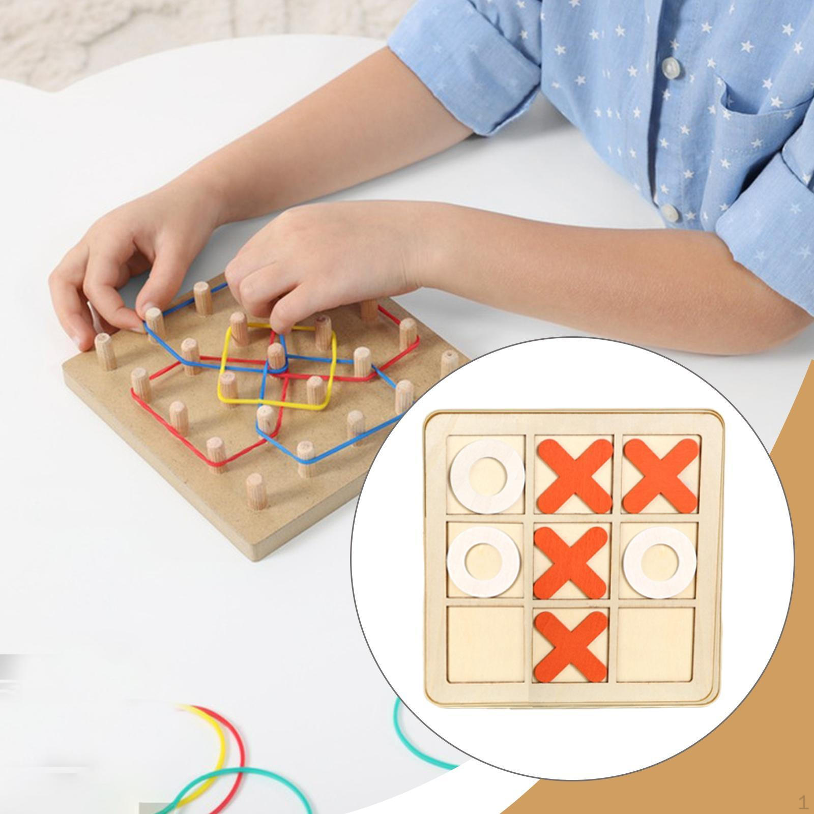 

2 in 1 Wooden Geoboard and TAC Toe Game Board Educational Toy Fun Family Games for Table Orange White