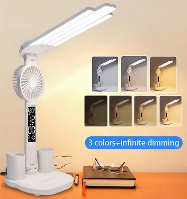 3-farbige LED-Tischlampe mit Ventilator und Uhr, vierköpfig, faltbar, USB-Laden, multifunktionale Schreibtischlampe für Lesen, Nachtlicht