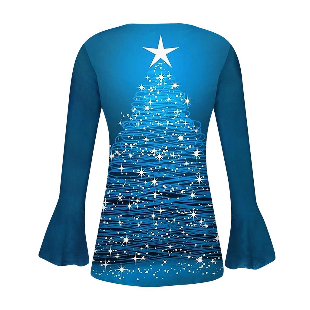 Women's Fashion Christmas Printed V-Neck Long Flared Sleeve Pleated Button T-Shirt Top
