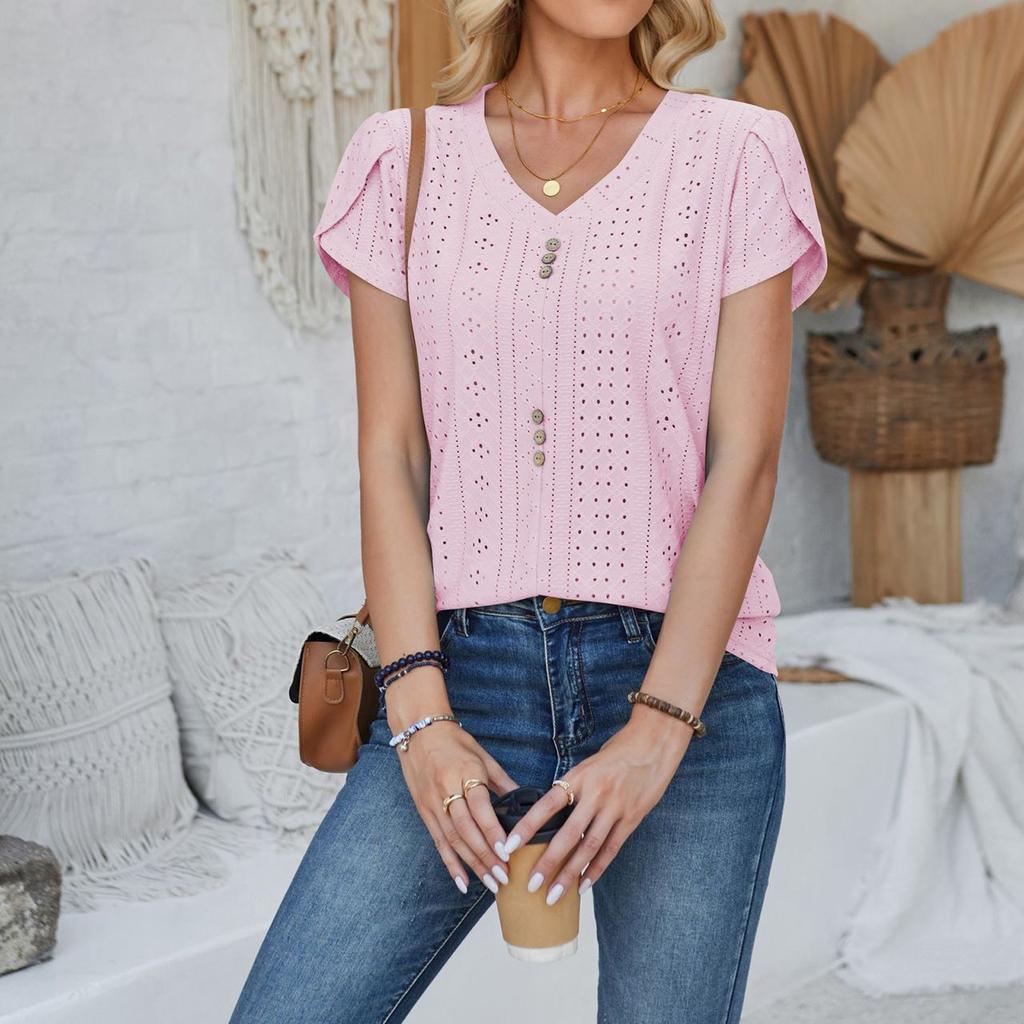 Women's Fashion V-neck T-shirt Court Lock Hollow Short-sleeved Casual Tops