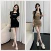 Bestmood Sexy Short Sleeve Open Neck Bodycon Short Slim Tight Dress Dress, Gathered, Length, Fit, T-Shirt Dress, Clubwear, (M Khaki)