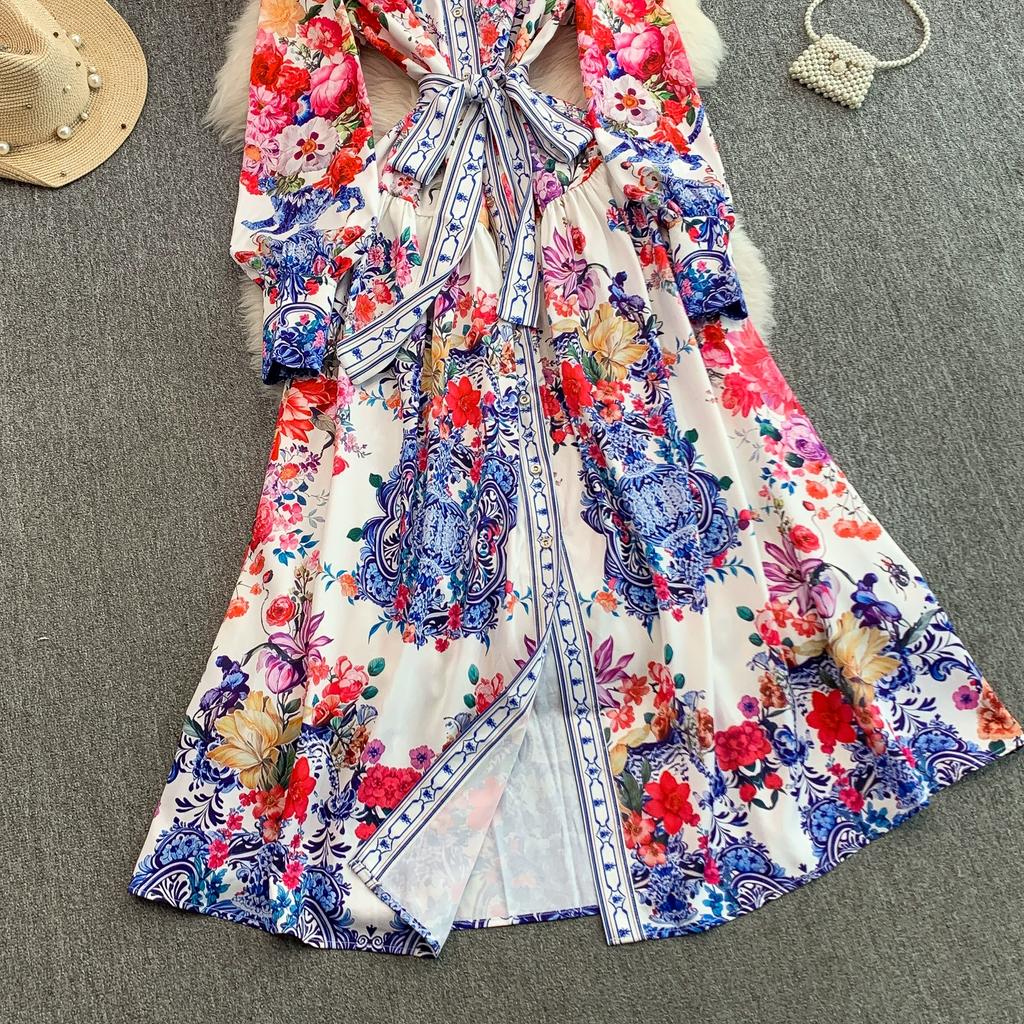 Frühling Herbst Damen Vintage Print Designer Laufstegkleid Übergroß Locker Einreihig Lang Maxi Partykleid für Abschlussfeier