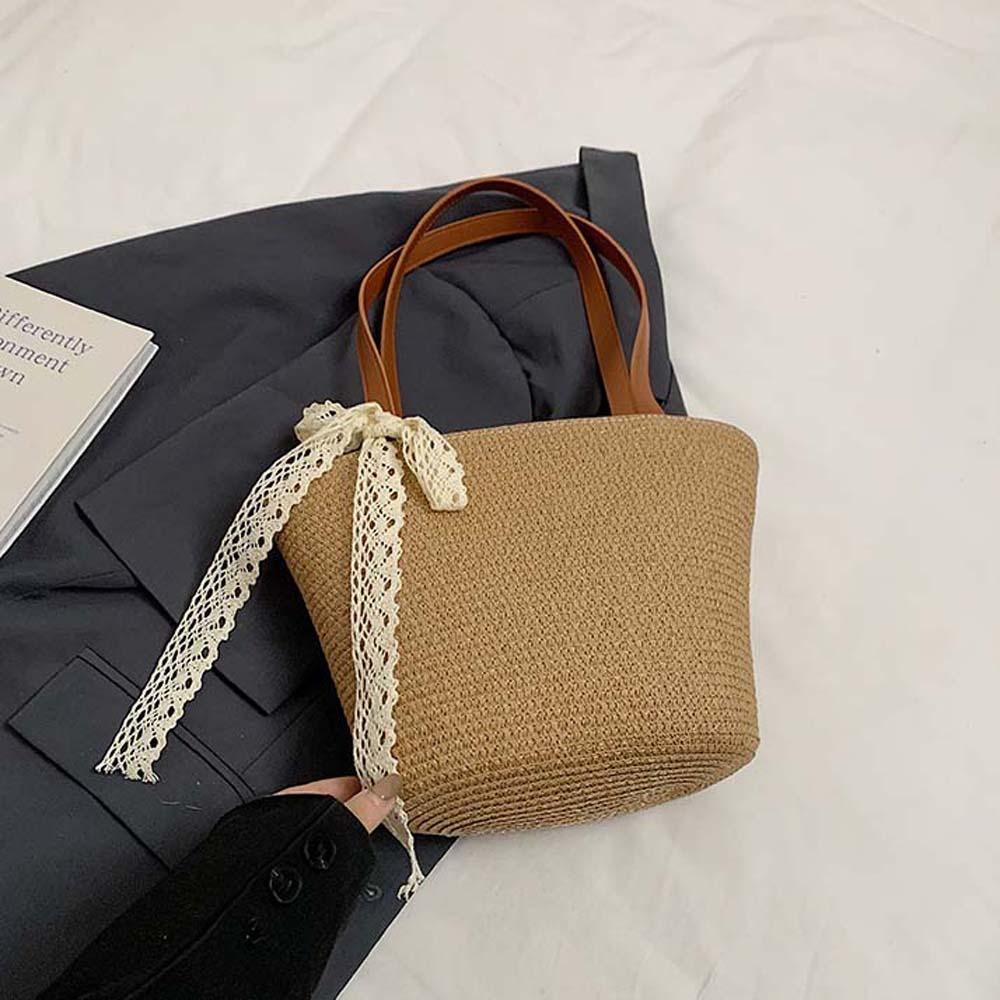 Ladies Stripe Straw Handbag for Vacation Beige Khaki Large Capacity Woven Tote Bag Women Summer Beach Underarm Bag