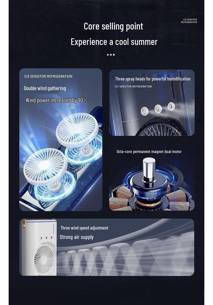 Dual Head Shaking Desktop Fan with Ice Mist and Three Air Outlets