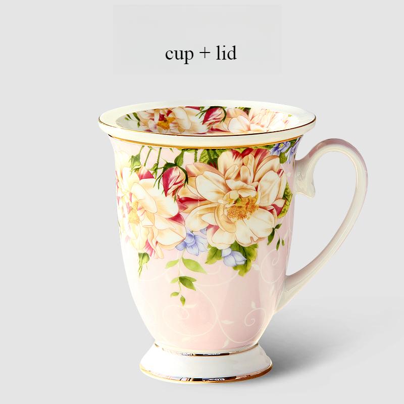 300ml Bone China Coffee Mugs- Blue Pink Elegant Floral Tea Mug with Gold Trim, Large Capacity Ceramic Cup for Coffee Tea and Milk for Home Office