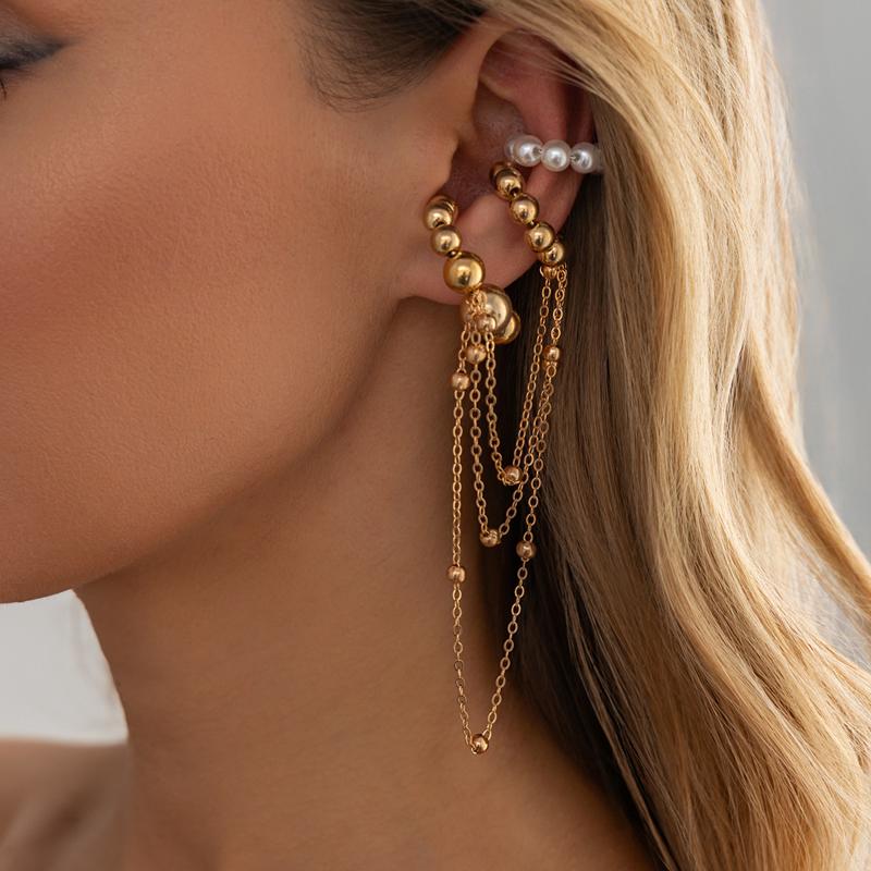 2026 New Imitation Pearl Tassel Beaded Chain Tassel Ear Cuff for Women Fashion Ear Clip Earrings Versatile Non Piercing Jewelry