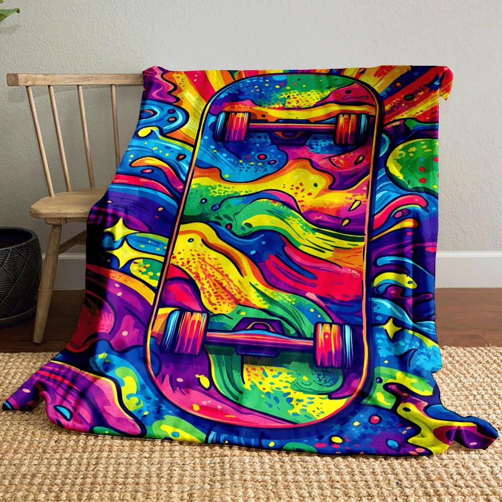 Vivid swirling patterns in rainbow colors surrounding a skateboard design. for all seasons blanket lunch break throw gift