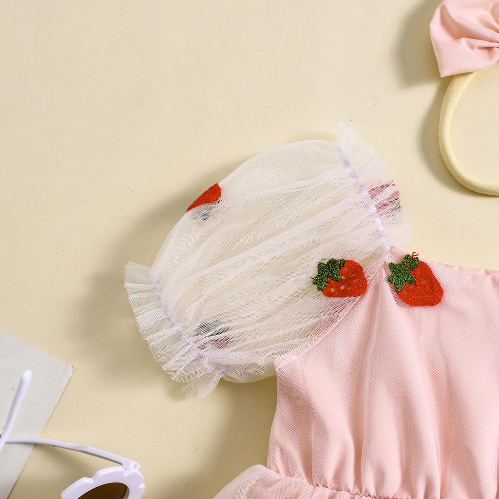Kids Girl 's 2-piece Outfit, Puff Sleeve Embroidery Strawberry Tulle A-line Dress with Headband Summer Outfit