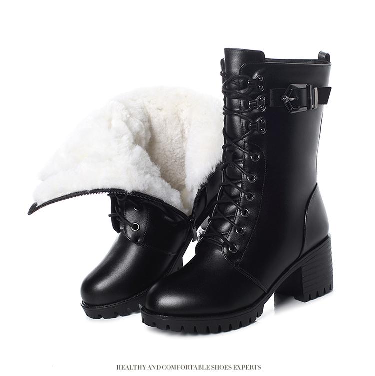 Fashion GKTINOO Boots Women Genuine Leather High-heeled Large Size Motorcycle Boots Women New Wool Warm Winter Boots for Women