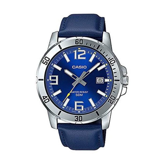 CASIO Standard Men s MTP-VD01L-2B Watch, Kids/Boys, Analog, Date, Navy/Silver, Leather Strap