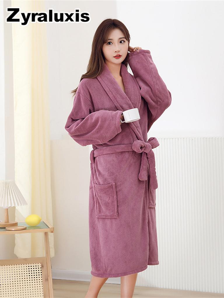 Women's Ultra-Soft Coral Fleece Bathrobe with Warm Sherpa Lining for Winter Daily Wear