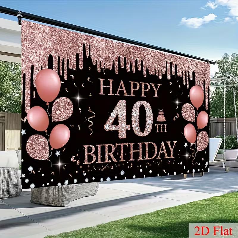 2D 40th Birthday Themed Photo Booth Backdrop with Rose Gold Balloons