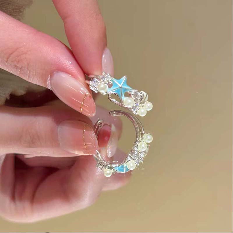 Sweet Blue Starfish Shell Rings for Women Fashion Imitation Pearl Open Rings Summer Seaside Vacation Jewelry Accessories
