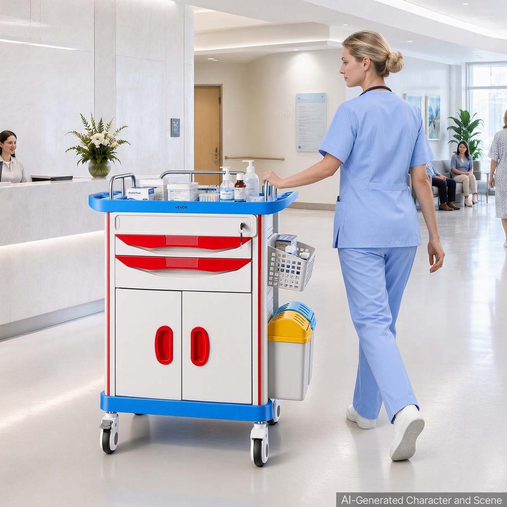 Medical Cart 110 kg Max Load Medical Trolley Cart with Cabinet, for Hospital, Clinic, Laboratory, Stable Support, with 2 Drawers, Silent Rolling