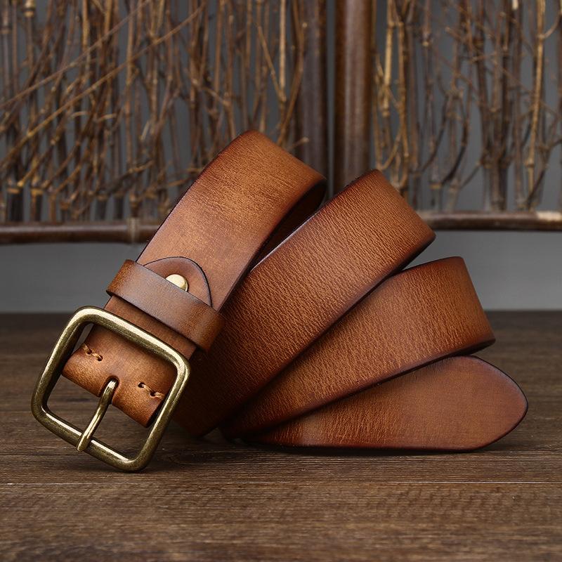 Personalized Leather Pin Buckle Pure Copper Men'S Belt, Male Trendy Young People Pure Cowhide Retro Belt