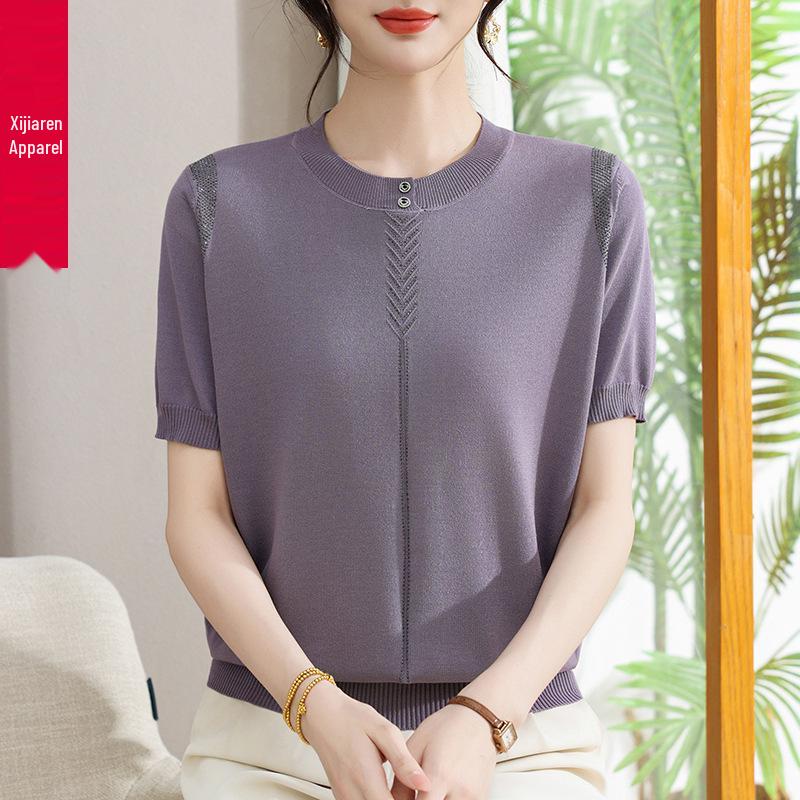 2026 Summer Women's Ice Silk Knit Short Sleeve T-Shirt - Lightweight, Breathable Top for a Cool Season