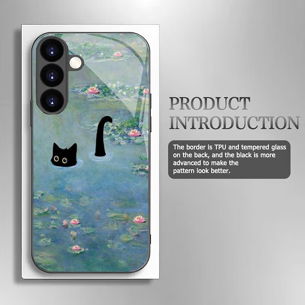 Cat Playing In Water Tempered Glass Phone Case Suitable for Samsung Galaxy S26 S25 S24 S22 S21 S20 FE/Ultra/Plus Anti Fall