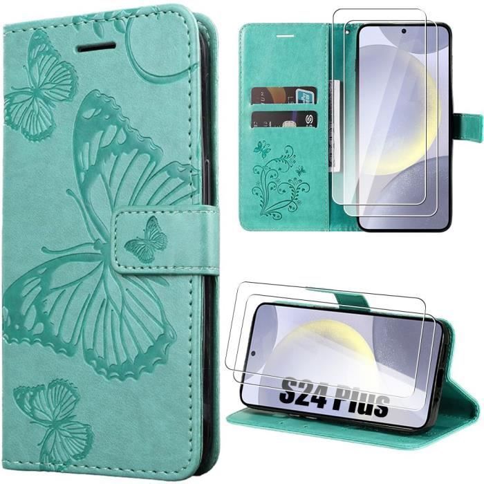 Coque de protection - BOOLING - Samsung Galaxy S24 Plus - Cuir synthétique - Motif Papillon - Vert