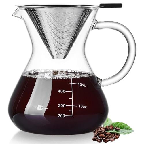 POKALOTEA Drip Coffee Server, 500ml, No Paper Coffee Filter Required, Reusable Stainless Steel Filter, Double-Layer Mesh, Microwave Safe, Graduations