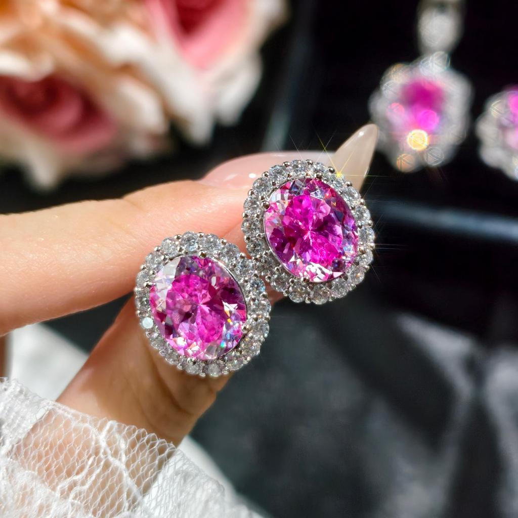 2025 Starry Sky Cutting Rose Red Zircon Large Carat Luxury Full Diamond Jewelry Women's Daily Banquet Three Piece Set