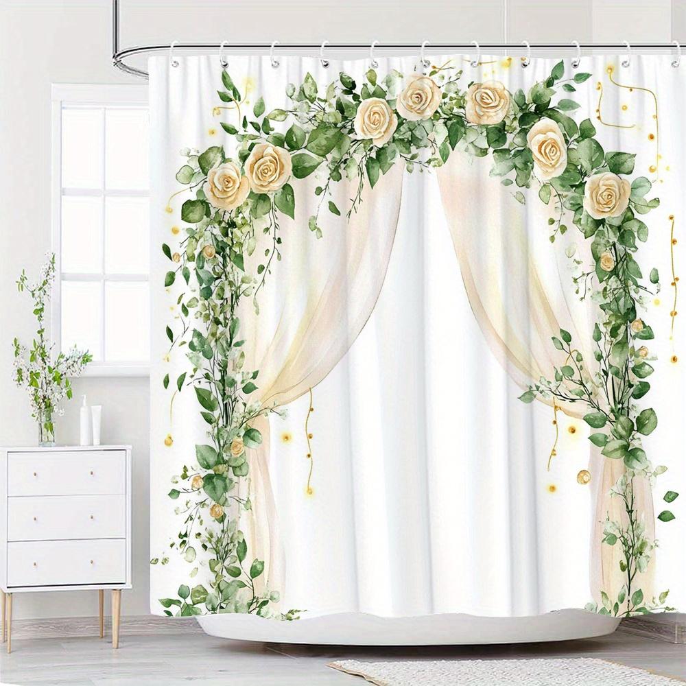 

1pc Watercolor Garden Arch Shower Curtain with Greenery and Yellow Roses, Soft Beige Drapes, Romantic Fairy Lights, 12 Hooks, 90x180cm