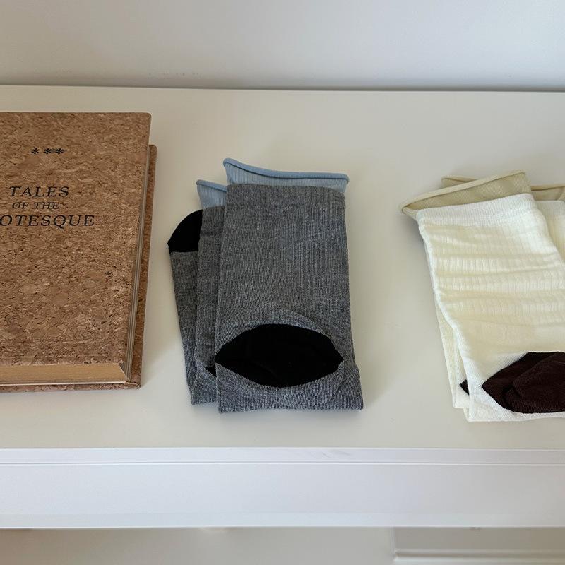 Nanye Solid Color Double Luo Mouth Contrasting Color Pile Socks Women'S Socks Boneless Morandi Color Milk Coffee Chestnut Color