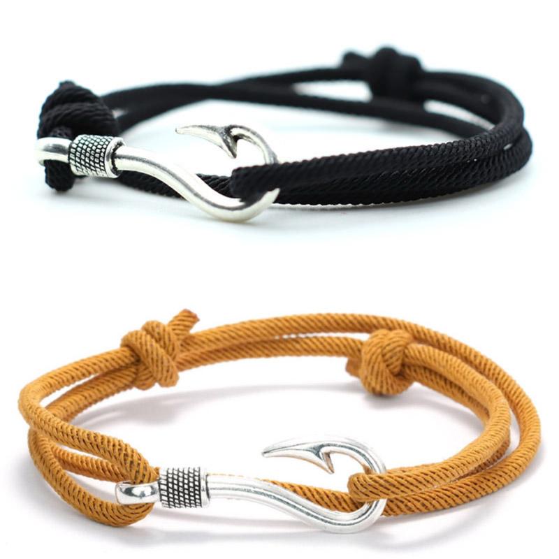 Neues Mode-Seilarmband Herren Silberfarbe Angelhaken Armband Zweilagig Schiebbar Verstellbar Nautisches Wickelband Armband Pulseria Homme