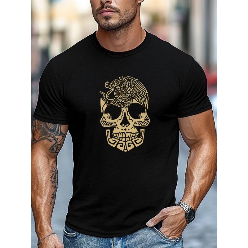T-shirt da uomo, Vestibilità rilassata e casual, Semplice e pulita, T-shirt estiva casual da uomo con motivo teschio e uccello in volo, girocollo a maniche corte, TAGLIA PIÙ