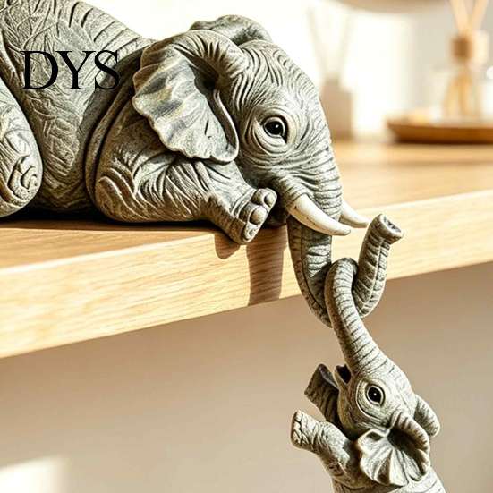 Handcrafted Elephant Sculptures for Living Room Shelf Sitter, Mother Hanging 2 Baby Elephants on The Resin Animal Statues Shelves Edge, Hand-Painted