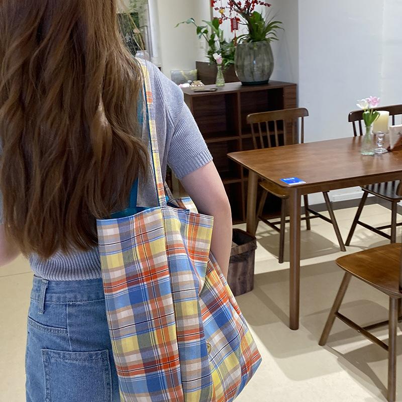 New Lazy Wind Double-sided Plaid Canvas Bag Women's Casual Versatile Shoulder Bag Fashion Large Capacity Tote Bag