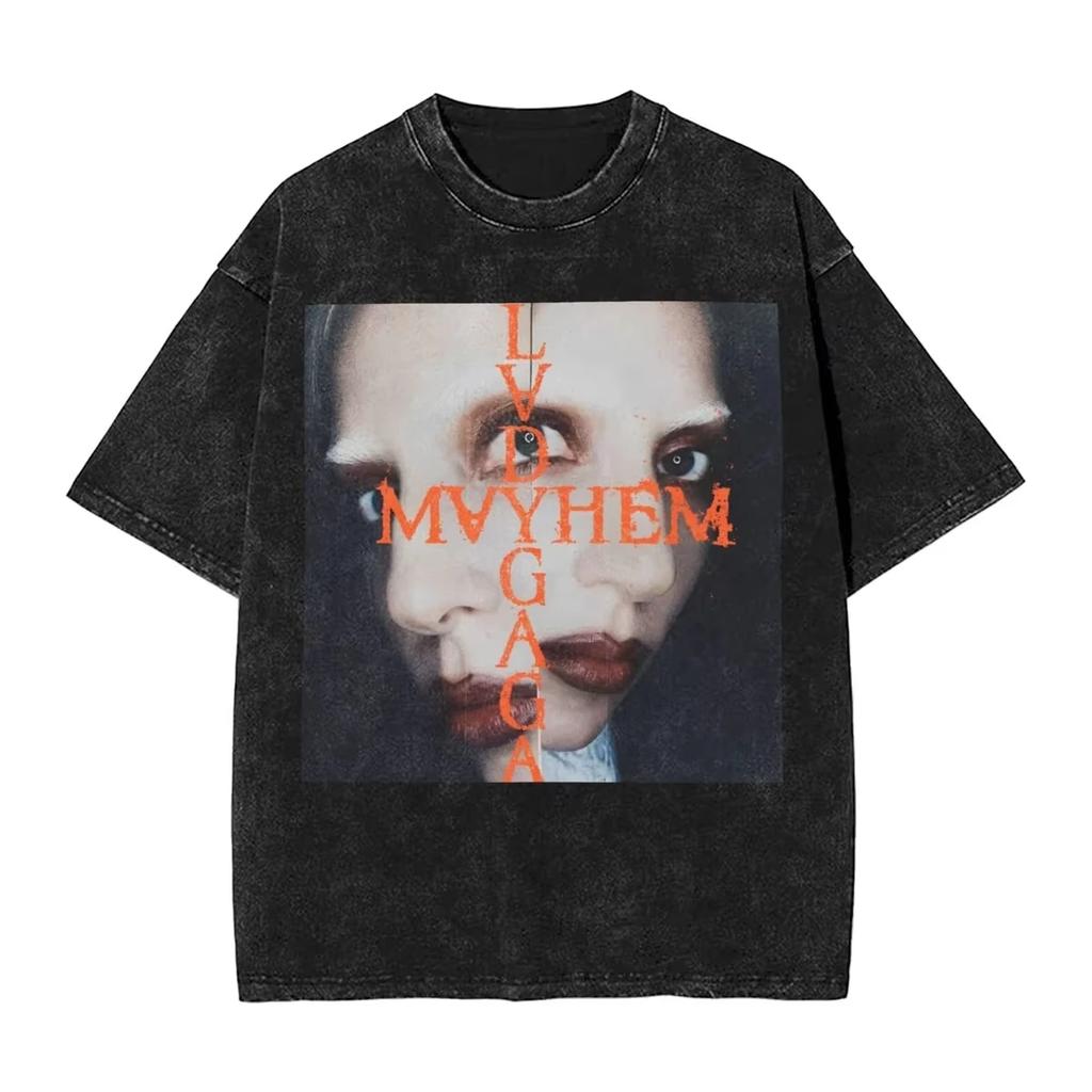 Singer Lady Gagas washed Tshirt a messy hiphop retro streetwear with sleeve prints unisex top