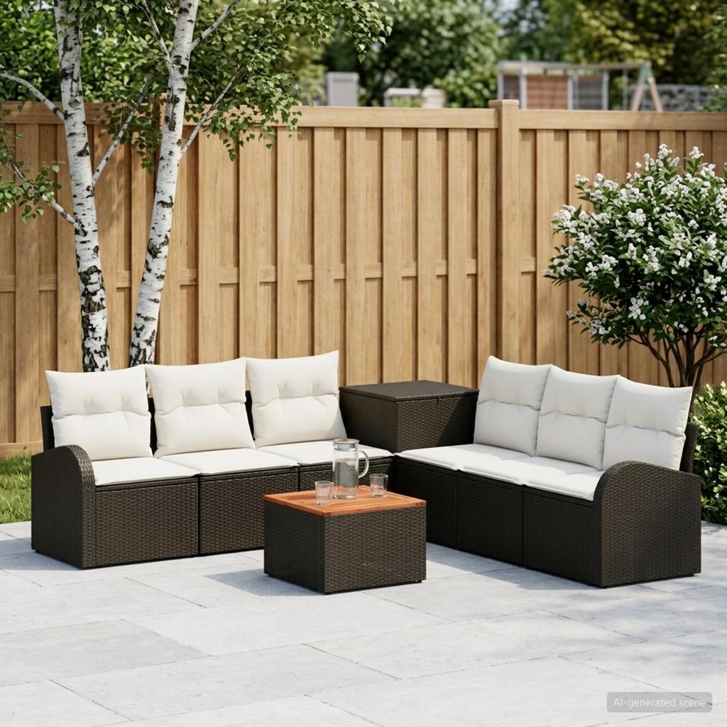Sofa Set 8 pcs Black and Cream White Poly Rattan and Steel