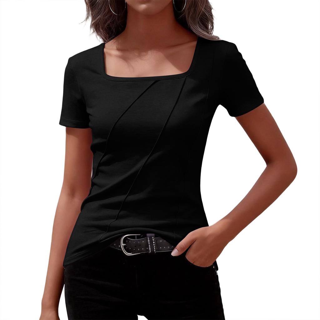 Women’s Fashion Elegant Square Neck Short Sleeve T-Shirt Top with Stripe for Casual and Office Wear