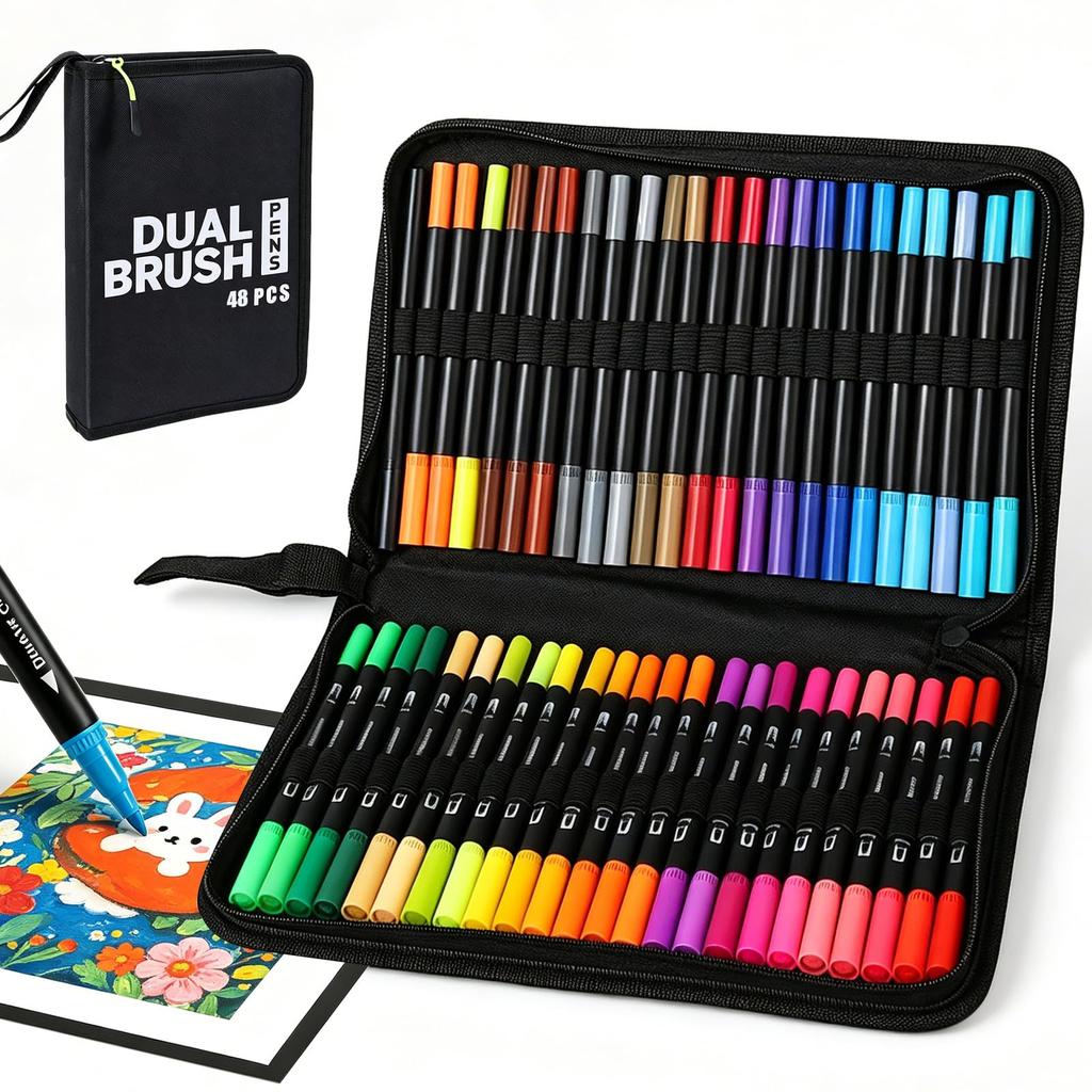 Acrylic Marker Set Vivid for and Professionals Suitable for Brush Pen Gift Idea 48-Color - Water-Based, Brush-Type, Colors, High-Concentration Ink,