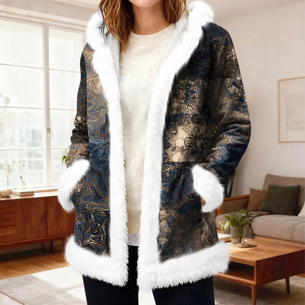 Lässiger Damen-Fleece-Kapuzen-Cardigan mit Taschen Warme Oberbekleidung