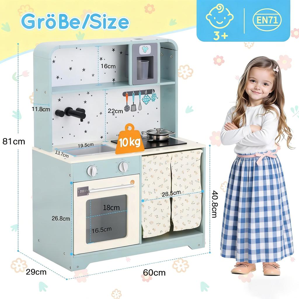 Children's Kitchen with Ice Maker and Microwave, Accessories and Surprise Effects, Gift for Children Aged 3 and Up, Wood + Plastic, Blue, 29x60x81cm