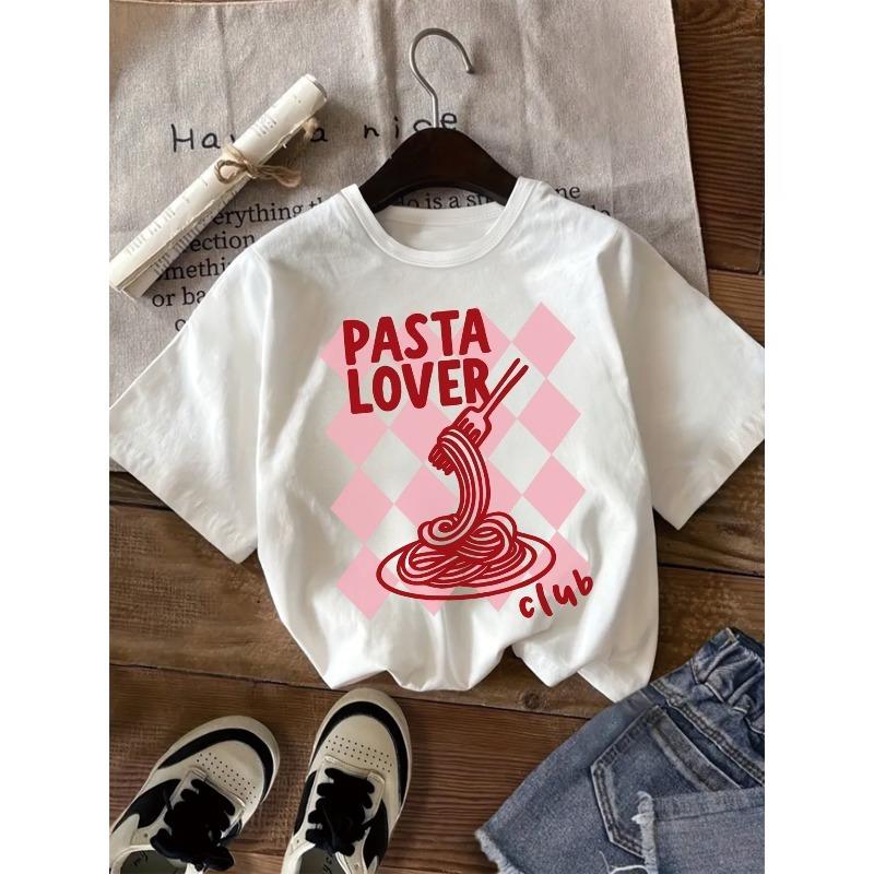 European sizes Casual "Pasta Lovers Club" Pasta Print Short-sleeved T-shirt for Girls, Soft and Comfortable Round Neck Top, Girls' Summer Wear.