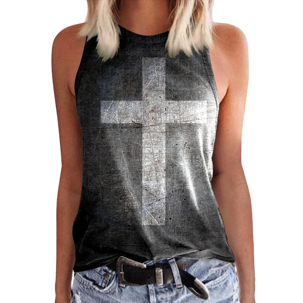 

Women s 3D Jesus Cross print sleeveless T-shirt, round neck off shoulder retro casual vest, Y2K sleeveless top, T-shirt, women s clothing L