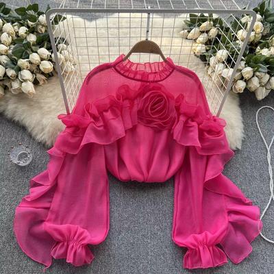 Women's Irregular Ruffle Mesh Shirt Spring Autumn Pullover Pleated Niche Slim Chic Top