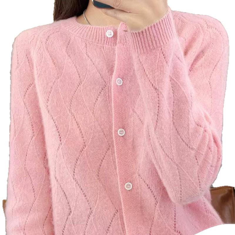 2025 Women's Australian Wool Hollow Twist Knit Cardigan - Round Neck, Buttoned, Loose Fit, Slimming Sweater for Autumn/Winter