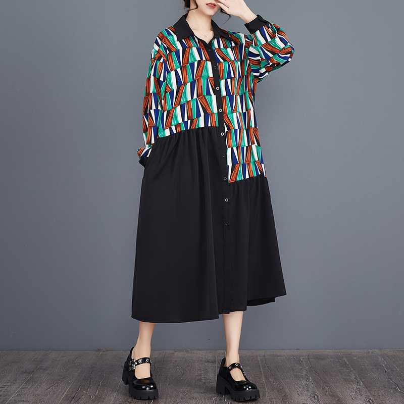 

Летнее новое свободное большого размера модное платье с принтом, рубашечным воротником, цветной вставкой и длинным рукавом L